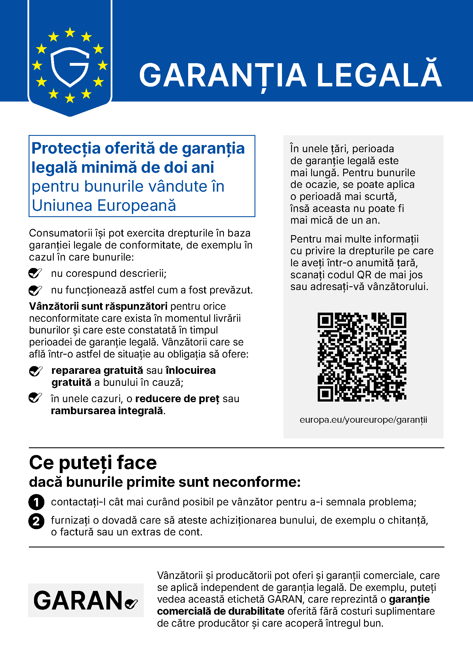 Notificare privind garantia legala de conformitate a produselor